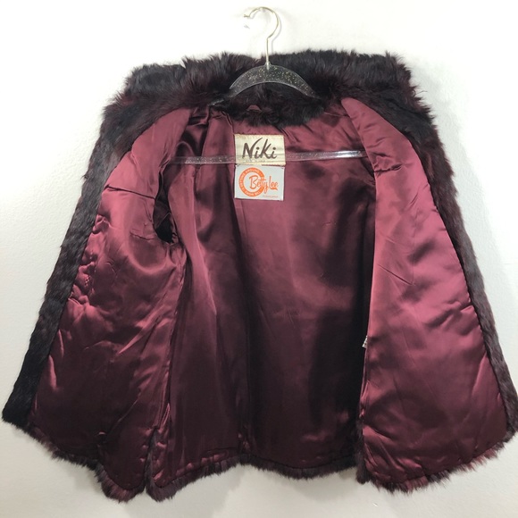Rabbit Fur Vintage Burgundy Standing Collar Coat - Picture 8 of 10